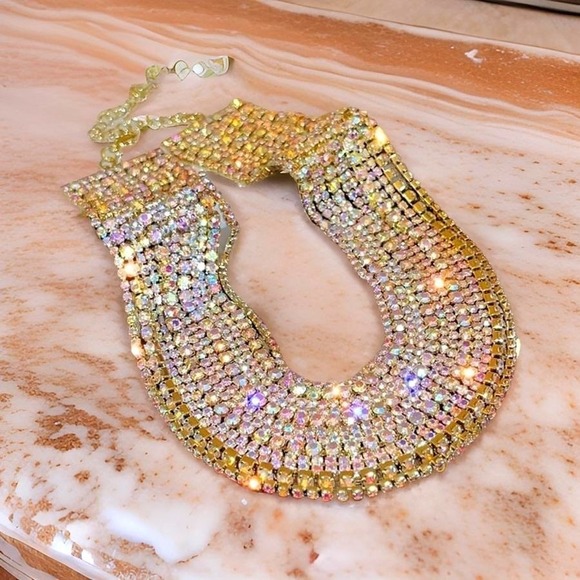 Iridescent Rhinestone Gold Multi-Strand Choker Necklace Sparkling Statement - Picture 2 of 3